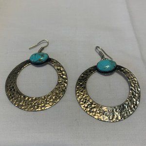 Dangle Hoop Hammered Silver & Turquoise Earrings